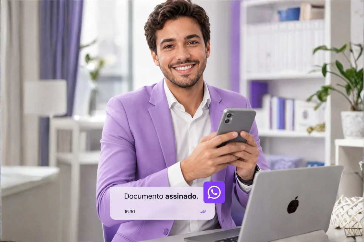 Profissional sorrindo com o celular na mão e a notificação Documento assinado do WhatsApp