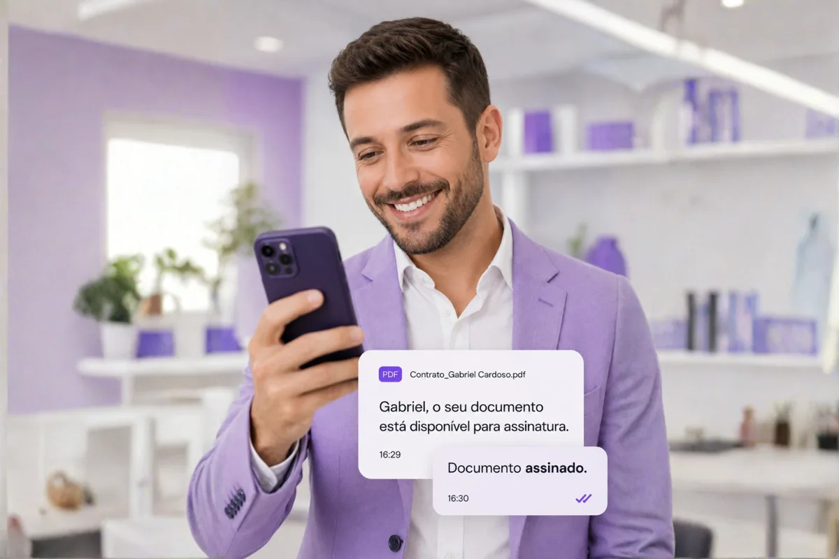 Profissional sorrindo olhando o celular, com a mensagem Gabriel, o seu documento está disponível para assinatura e a confirmação Documento assinado no WhatsApp