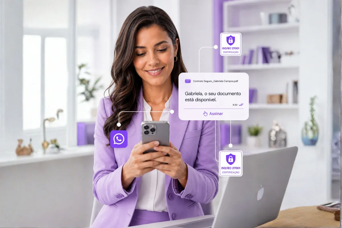 Profissional sorrindo olhando o celular, com a mensagem Gabriela, o seu documento está disponível e o botão Assinar no WhatsApp