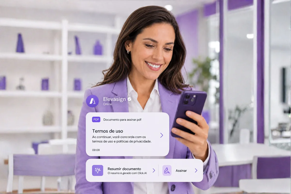 Profissional sorrindo olhando o celular, com a conversa da ElevaSign no WhatsApp mostrando os termos de uso e as opções Resumir documento e Assinar